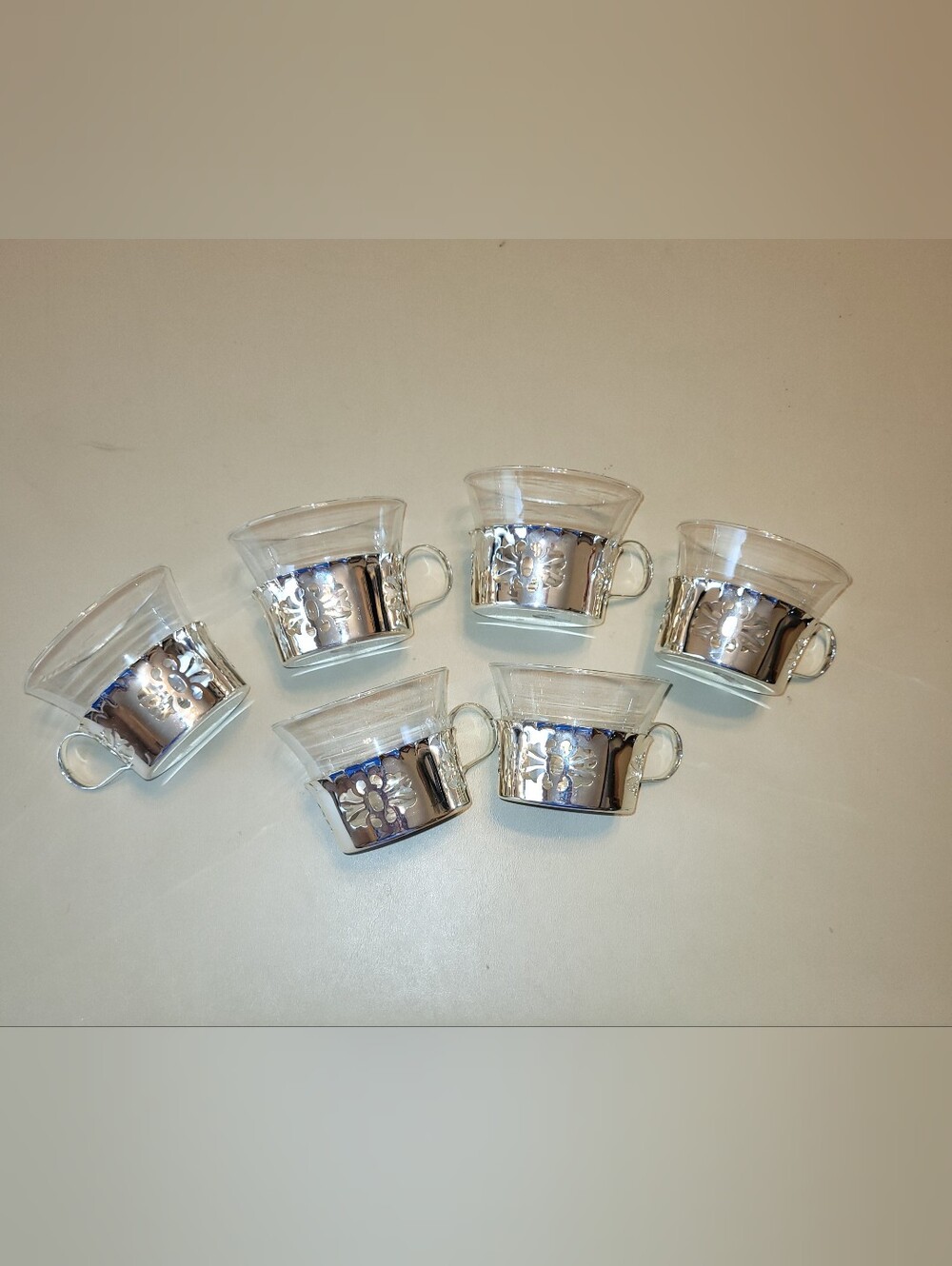 Vintage mid-century set of 6 BMF silver-plated cups with glass liners.